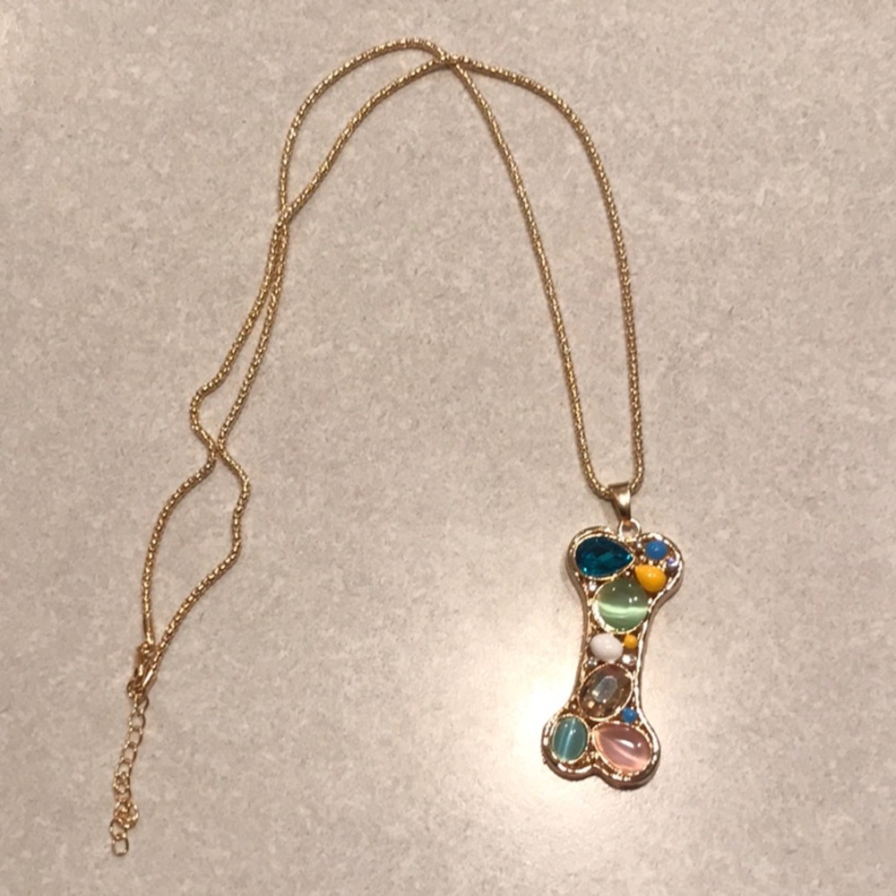 Large Gold Rhinestone Dog Bone Charm Necklace